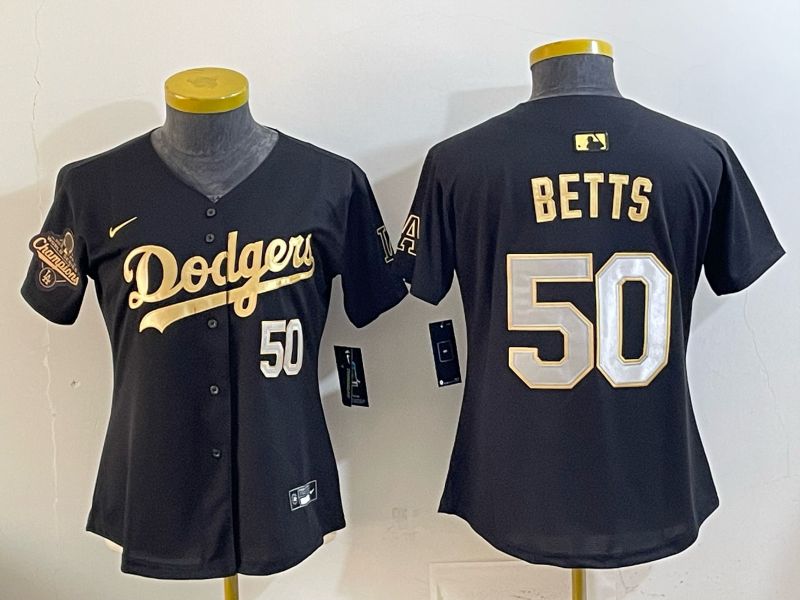 Women Nike 2026 Los Angeles Dodgers #50 Betts Black Gold Game MLB Jersey 063